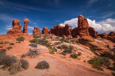 Rock formations on landscape against sky