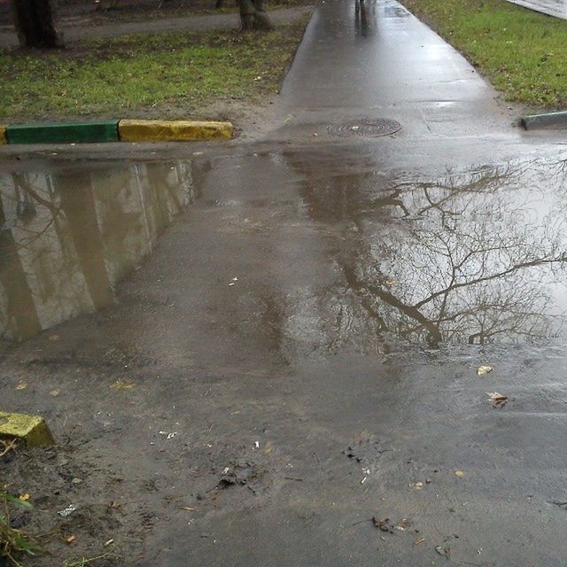 water, reflection, pond, puddle, the way forward, high angle view, park - man made space, street, footpath, day, grass, nature, outdoors, diminishing perspective, no people, wet, empty, leaf, road, transportation