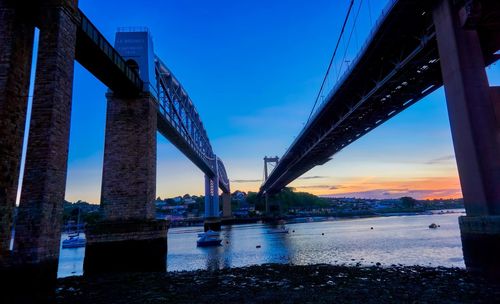 Low angle view of suspension bridge over river