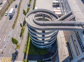 High angle view of modern buildings in city