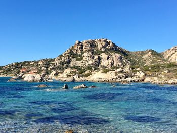 Scenic view of sea against clear blue sky