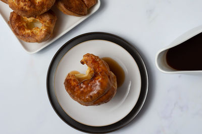 High angle view of breakfast served on table