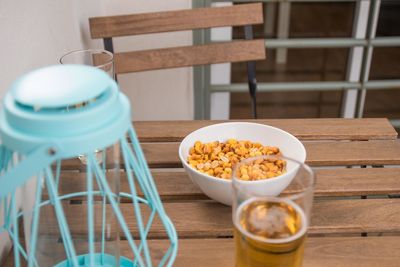 High angle view of breakfast on table