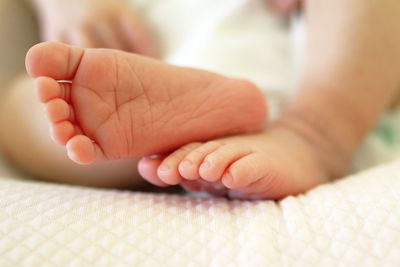 Low section of baby lying on bed