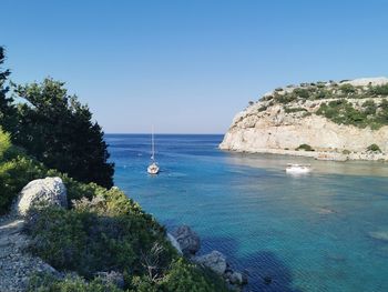 Scenic view of sea against clear blue sky