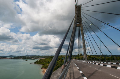 View of suspension bridge against cloudy sky