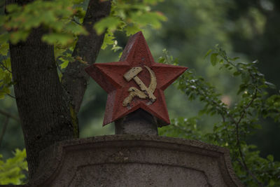 Lonesome red star with hammer and sickle on headstone at graveyard for fallen russian soldiers