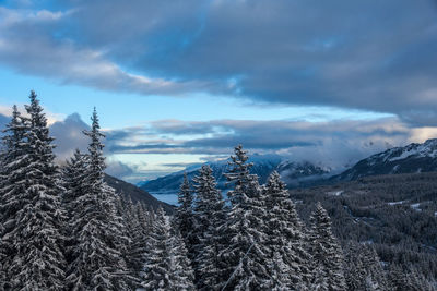 Scenic view of snow covered mountains against sky