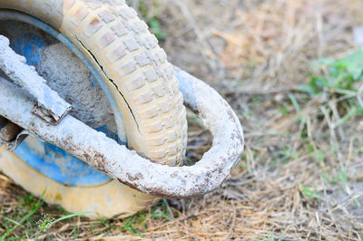 High angle view of tire on field