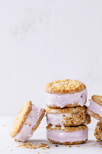 Close-up of cake against white background