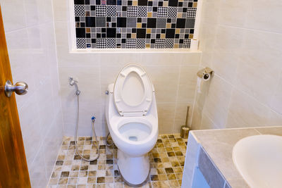 High angle view of faucet in bathroom