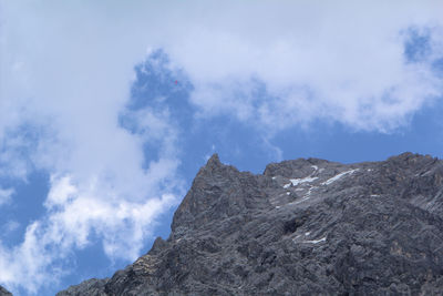 Low angle view of rocky mountains against sky