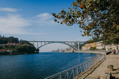 Bridge over river in city against sky