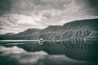 Scenic view of lake and mountains against sky