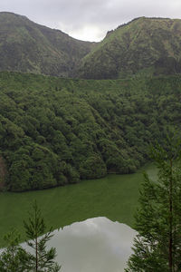 Scenic view of lake by mountains against sky