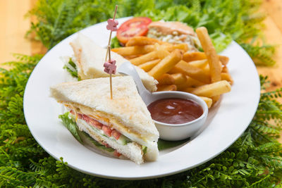 High angle view of food served on table