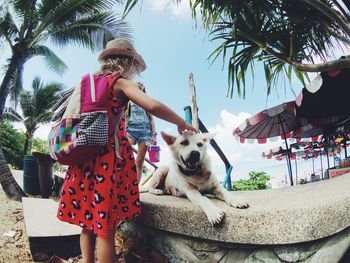 Rear view of girl petting stray dog on railing at beach