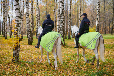 Rear view of people walking in forest