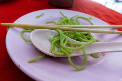 High angle view of salad in bowl on table