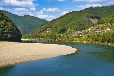 Scenic view of shimanto river by mountains 