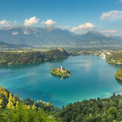 Scenic view of lake by mountains against sky