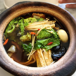 High angle view of soup in bowl