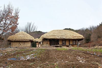 Houses by trees on field against sky