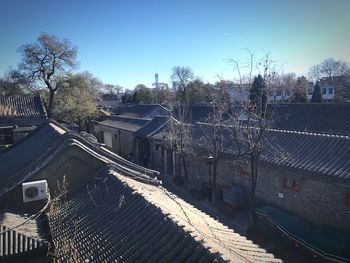 High angle view of railroad tracks by buildings against sky