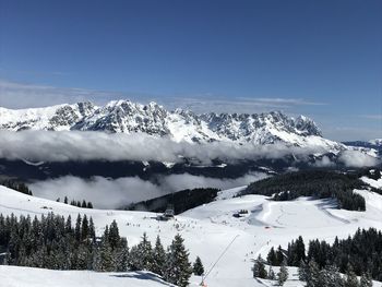 Scenic view of snow covered mountains against sky