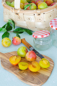 High angle view of fruits in basket on table
