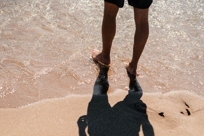 Low section of man standing on beach