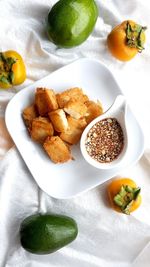 High angle view of food in plate on table