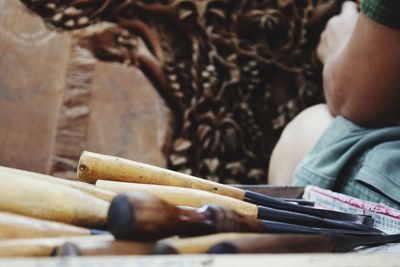 Close-up of work tools in carpentry workshop