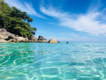 Scenic view of sea against blue sky