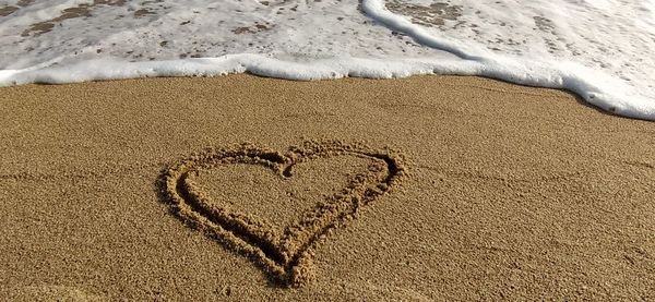 High angle view of heart shape on sand