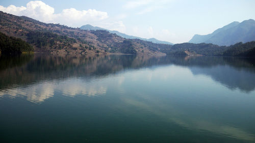 Scenic view of lake and mountains against sky