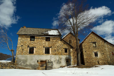 Low angle view of snow covered houses and trees against sky