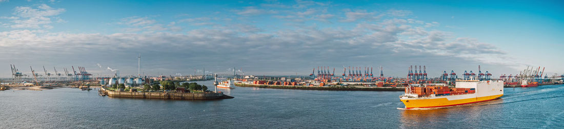 Panoramic view of commercial dock against sky