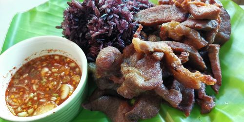 High angle view of meal served on table