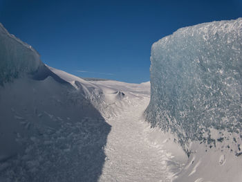 Scenic view of snowcapped mountains against clear blue sky