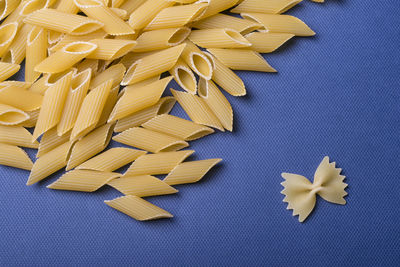 High angle view of yellow and leaves on blue background