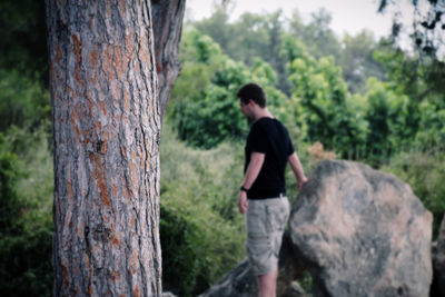 Rear view of man standing by tree trunk in forest