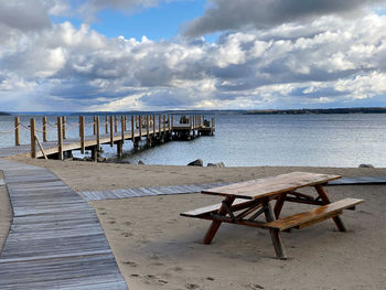 Wooden pier on sea against sky