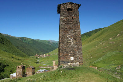 Built structure on landscape against clear sky