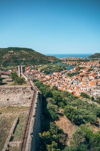 High angle view of townscape against clear blue sky