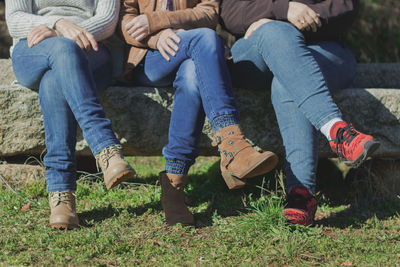 Low section of friends sitting on lawn