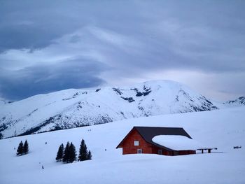 Scenic view of snow covered mountain against sky