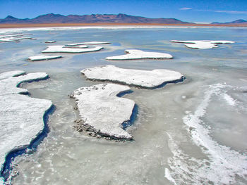 Aerial view of snow covered land