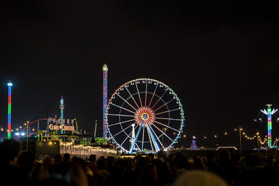 Crowd at illuminated amusement park against sky at night