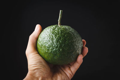 Close-up of hand holding apple against black background